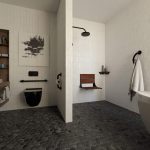 A black SerenaSeat in a bathroom with white tile walls and other safety bars.