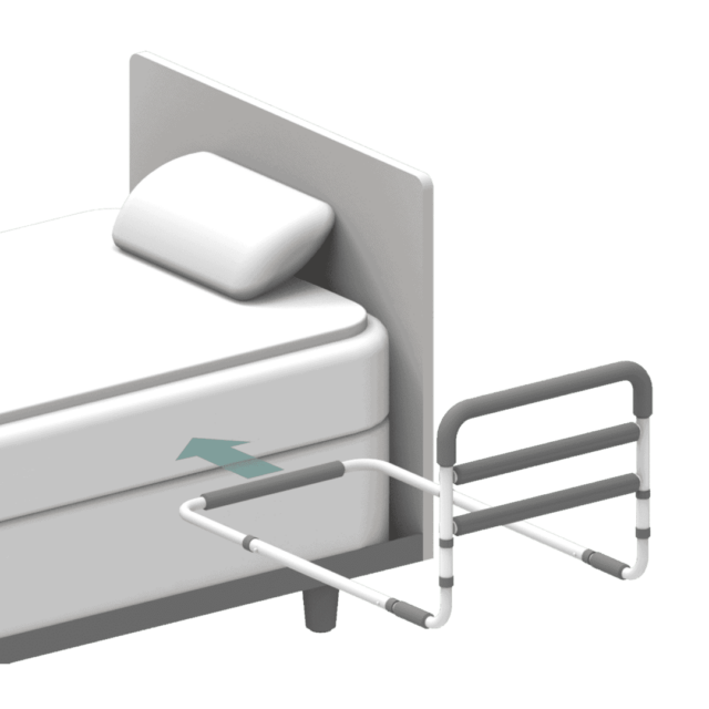 Illustration of the AssistaRail bed rail inserting between the boxspring and mattress