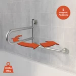 DependaBar on a wall shown in open position with arrows overlayed to indicate 5 pivot positions. 300lbs/136kg weight capacity.