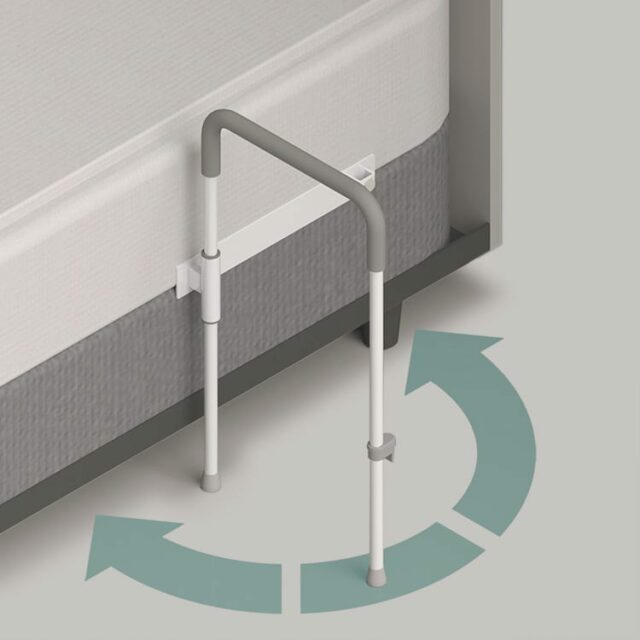 Illustration showing that locking system against the bed, but opens to swing out from the bed for more support