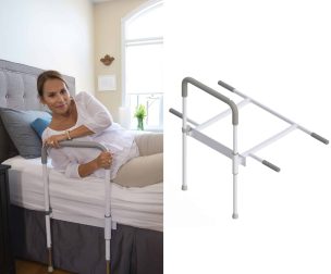 Pivoting bed rail for elderly adults safety.