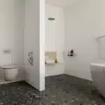 Bathroom designed for aging-in-place. Featuring PLUS products in Brushed finish.