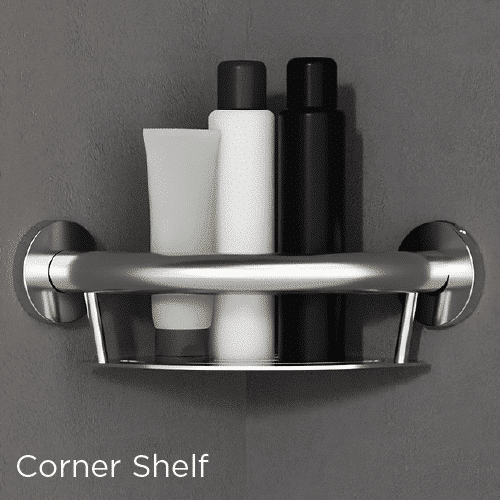 Corner shelf with shampoo bottles on a gray wall.
