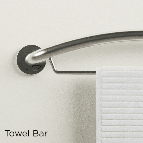 Brushed steel towel bar grab bar on a light-colored wall.