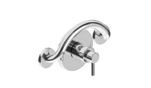 Chrome polished PLUS crescent grab bar with a shower valve control.