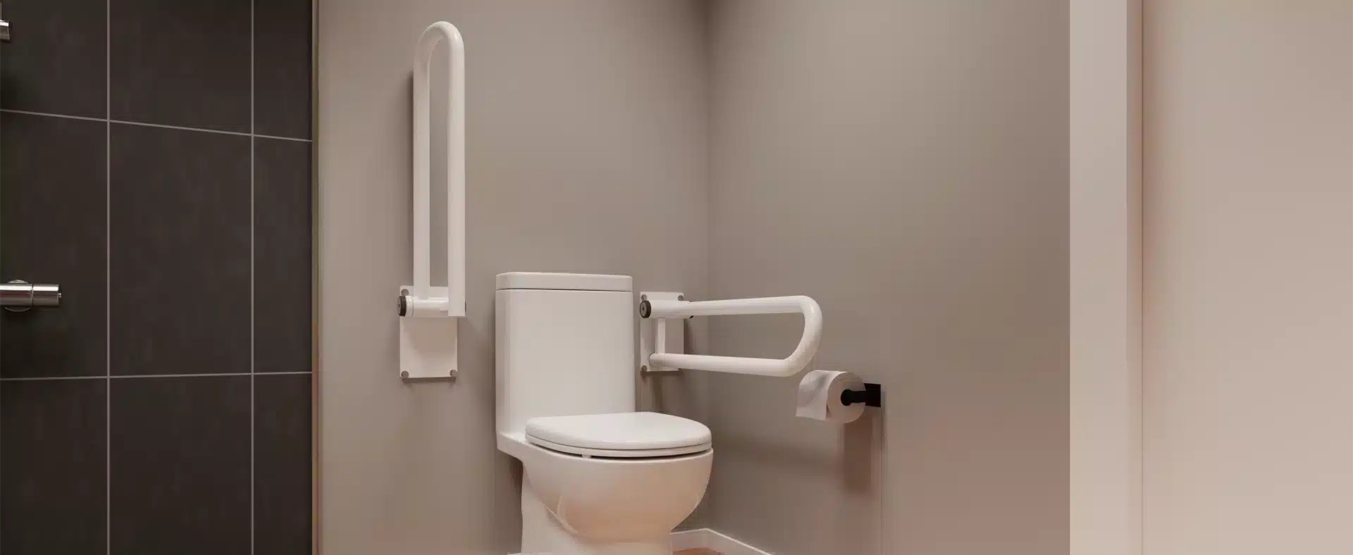 A toilet, located in the corner of a bathroom, has a PT Rail on each side, one is up and the other is down.